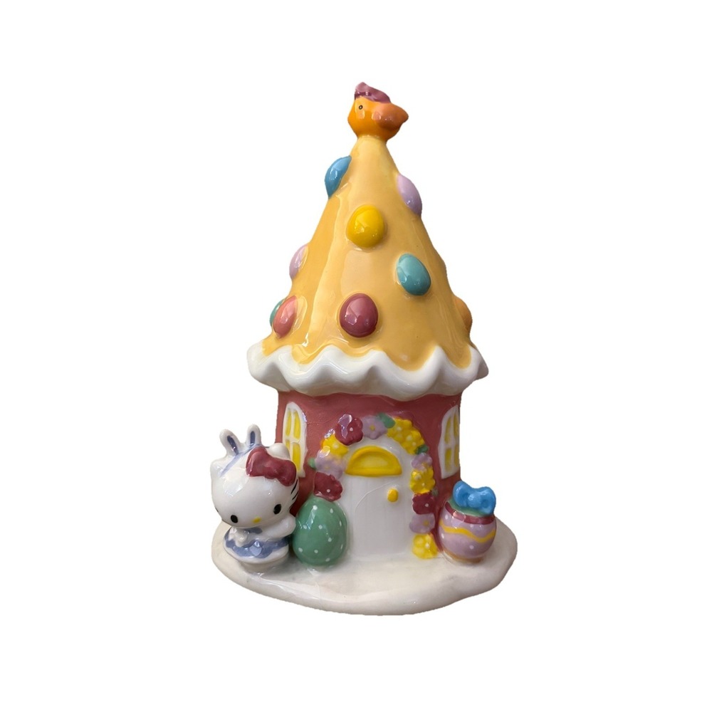 Hello Kitty Easter Egg House Figurine Yellow Ceramic Blue Sky Embossed